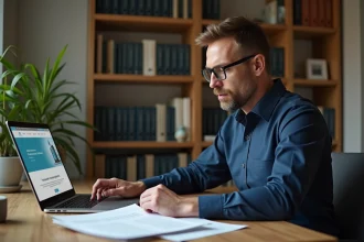 Homme vérifiant la fiabilité d'un site d'assurance en ligne sur son ordinateur portable dans un bureau à domicile