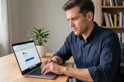 Homme vérifiant les paramètres d'un virement PayPal vers un compte bancaire sur un ordinateur portable dans un bureau à domicile