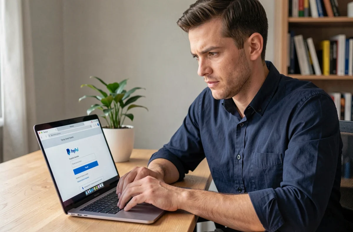 Homme vérifiant les paramètres d'un virement PayPal vers un compte bancaire sur un ordinateur portable dans un bureau à domicile