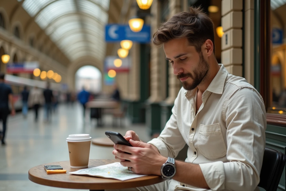 Voyageur assis dans une gare européenne consultant son téléphone avec une carte prépayée La Poste sur la table